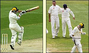 Australia's Justin Langer in action before Andrew Caddick brings an end to his innings