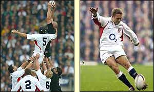 New Zealand win the lineouts but England's Jonny Wilkinson is on top of his kicking duties