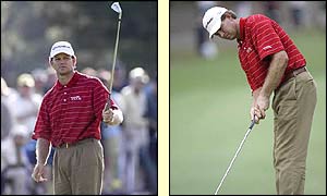 Goosen makes a birdie putt at Augusta