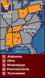 Map of states hit by tornadoes and showing Mossy Grove in Tennessee