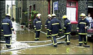Firefighters deal with flooding in Todmorden, Yorkshire