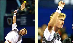Juan Carlos Ferrero salutes the crowd after beating Jiri Novak in the Masters Cup
