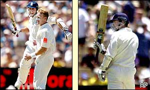 England's Michael Vaughan is overjoyed to reach his first Ashes century