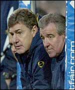 Brian Kidd (left) and Terry Venables watch their team in action at Fulham