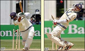 Rahul Dravid (left) is clean bowled and Agit Agarkar (right) ducks under a bouncer