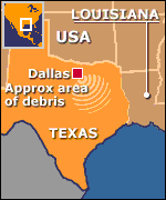 Map showing approximate area where shuttle debris has come down