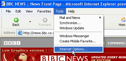 Select 'Internet Options' from the 'Tools' menu