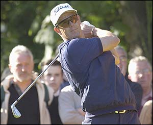 Australia's Stephen Leaney drives on his way to a 72