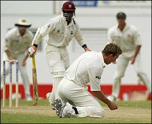 Australia's Brett Lee drops a return catch from West Indies opener Devon Smith 