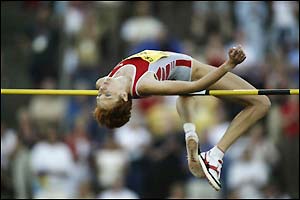 Ukraine's Inga Babakova clears 2.01m in the women's high jump