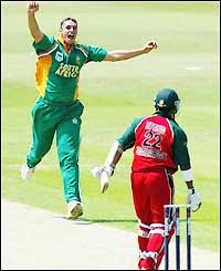 South Africa bowler Andre Nel celebrates dismissing Dion Ebrahim