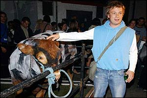 Jamie Oliver with Banksy cow