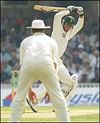 South Africa's Shaun Pollock plays a shot past the slips 