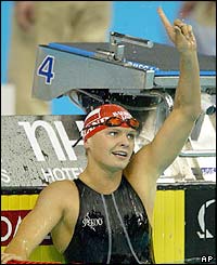 Poland's Otylia Jedrzejczak reacts after winning the women's 200 metre butterfly final 