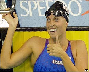 USA's Amanda Beard reacts after winning the women's 200m breaststroke final 