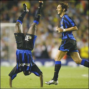 Obafemi Martins does a handstand to celebrate his goal for Inter