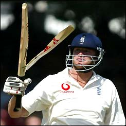 Andrew Flintoff shows off his broken bat