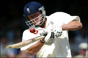 Anbdrew Flintoff connects with the ball and sends it for a huge six