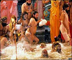Hindu holy men in the water