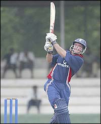 England's Andrew Strauss hits a six