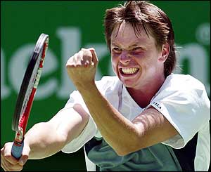 Robin Soderling celebrates his victory over Rainer Schuettler