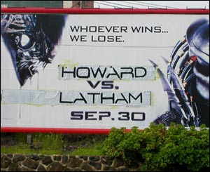 Advertisement for Alien vs. Predator, which has been altered to reflect a voter's views on the election 