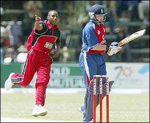 Tinashe Panyangara of Zimbabwe celebrates taking the wicket of Ian Bell