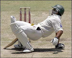 Pakistan's Shoaib Akhtar avoids a bouncer