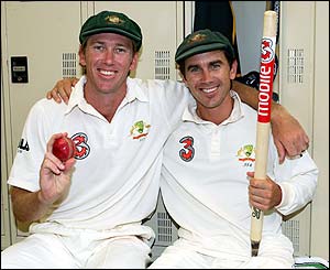 Australia's Glenn McGrath and Justin Langer