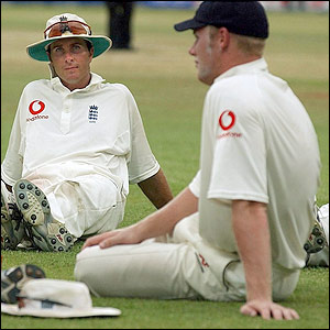 Engand skipper Michael Vaughan looks disconsolate after play is stopped