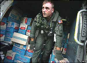  US Air Force crews load relief goods at the military airport in Jakarta, 01 January 2005