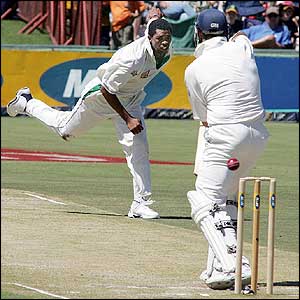 Makahaya Ntini bowls to Graham Thorpe 