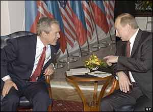 US President George W Bush and Russian President Vladimir Putin during the talks in Bratislava
