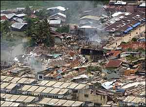 Damage to the town of Gunung Sitoli on Nias island