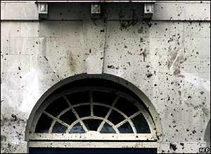Blood stains a wall in the area around the wreckage at the junction of Tavistock Square and Woburn Place