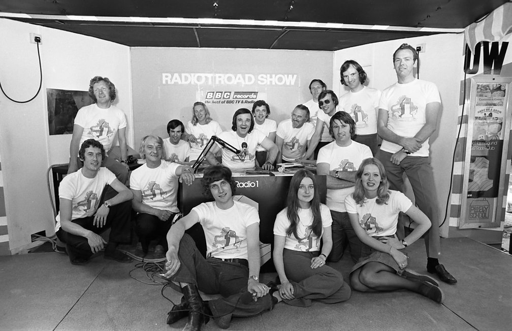 Members of the Radio 1 Road Show production team in Bristol, 1972. Included in the shot is Roy Tempest, arms crossed, kneeling down