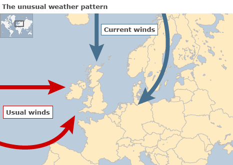 Map showing winds from the north and north east bringing cold weather to northern Europe