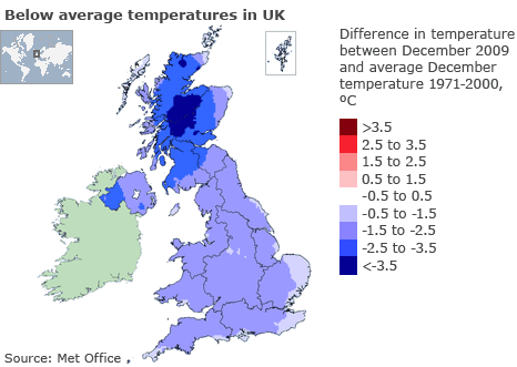 Map showing the unusually cold temperatures across the UK