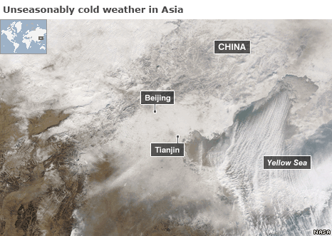 Satellite image showing snow across China