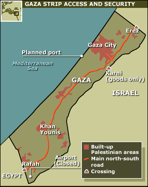 Map showing location of crossing points, sea port, airport and built-up areas.