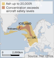 Map of UK showing ash cloud 18 May 0000