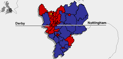 A map of East Midlands showing its political make up.