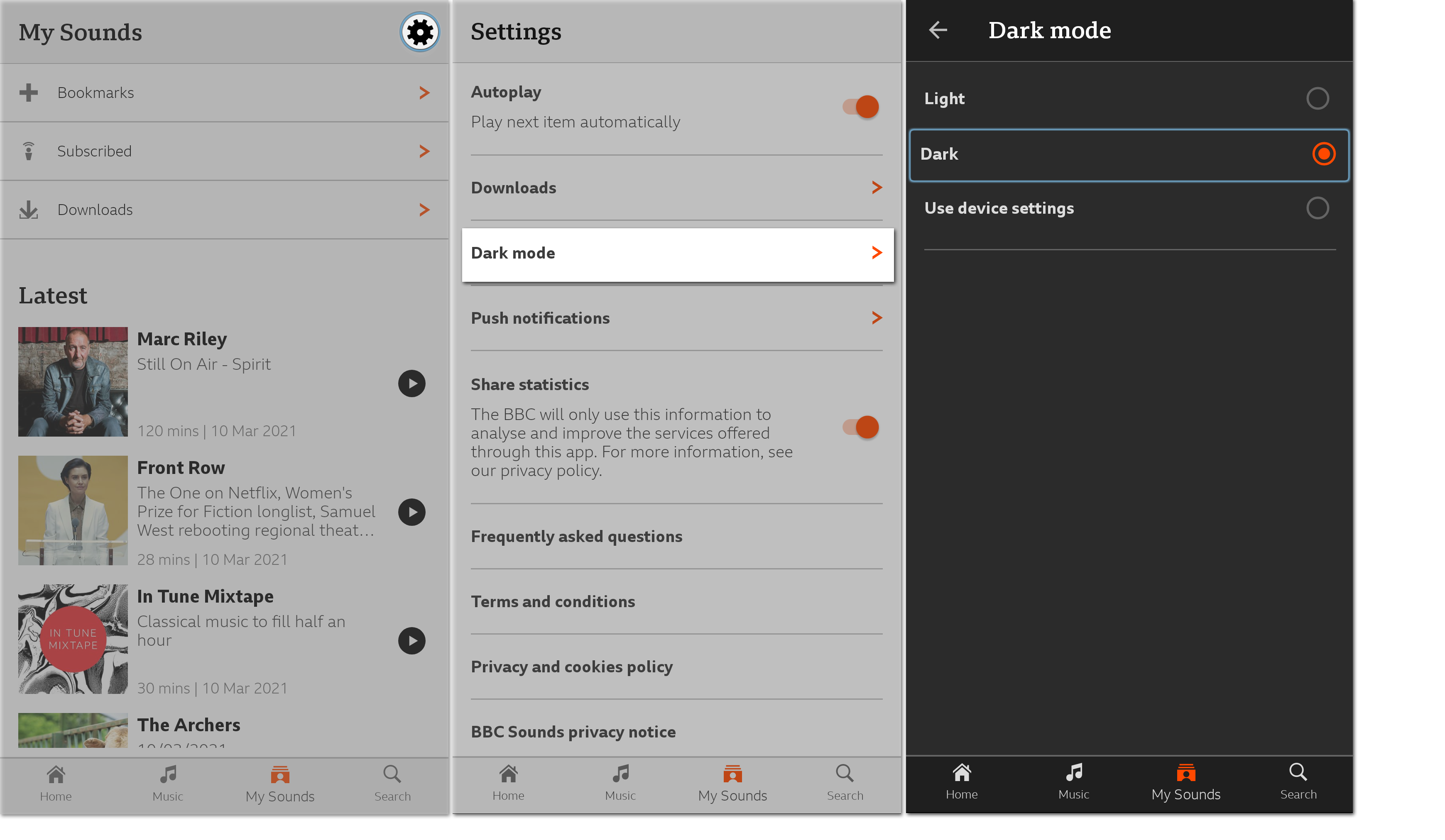 Screenshots showing the journey to toggle Dark Mode on the Sounds app