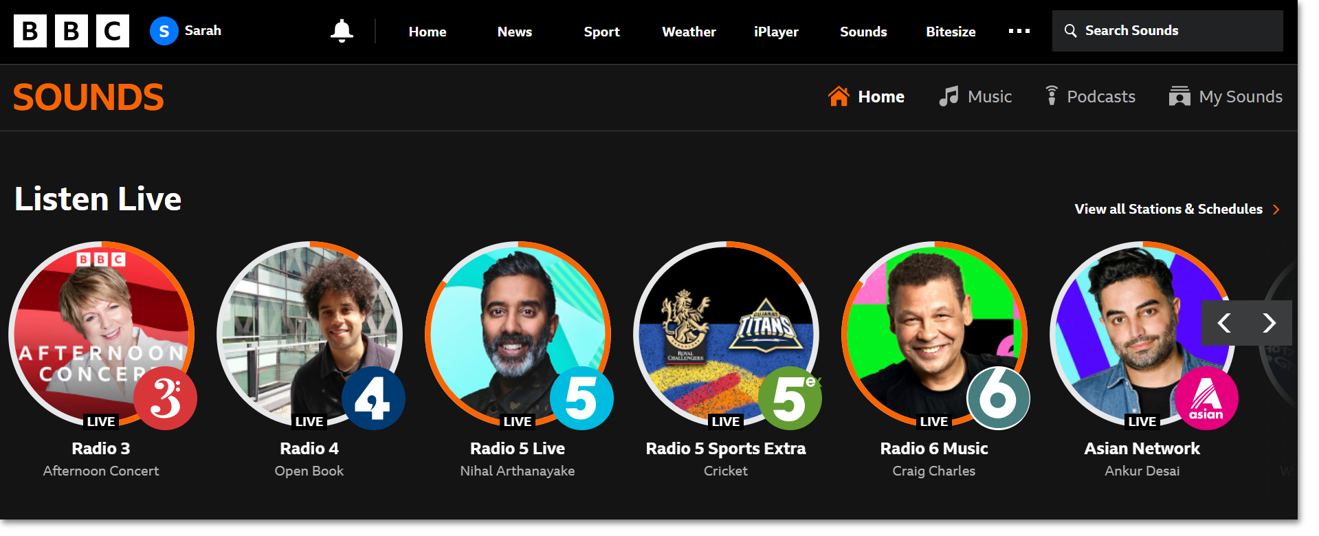 Screenshot of the BBC Sounds homepage on the website in dark mode