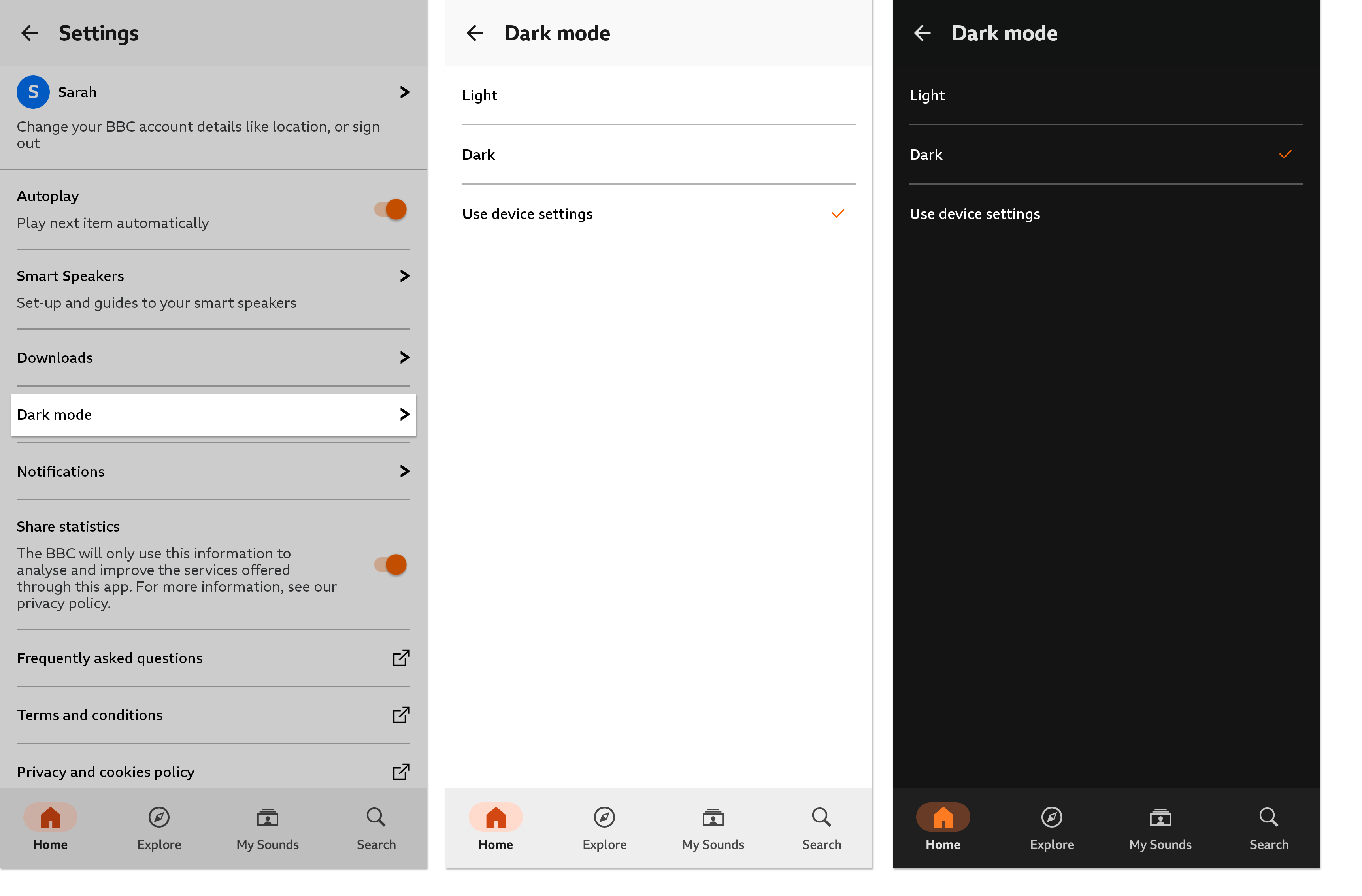 Three images of the BBC Sounds mobile app. The first shows the Settings menu with the Dark mode option highlighted. The second shows the dark mode options in light, and the third shows the option with dark mode enabled