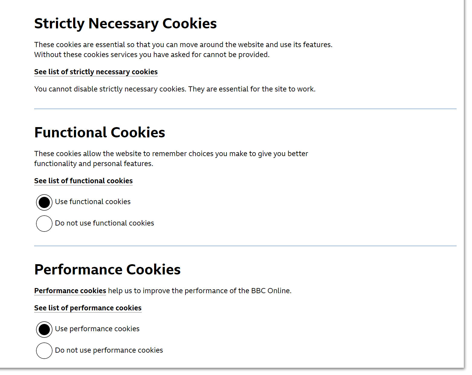 Screenshot from the BBC account cookie settings page