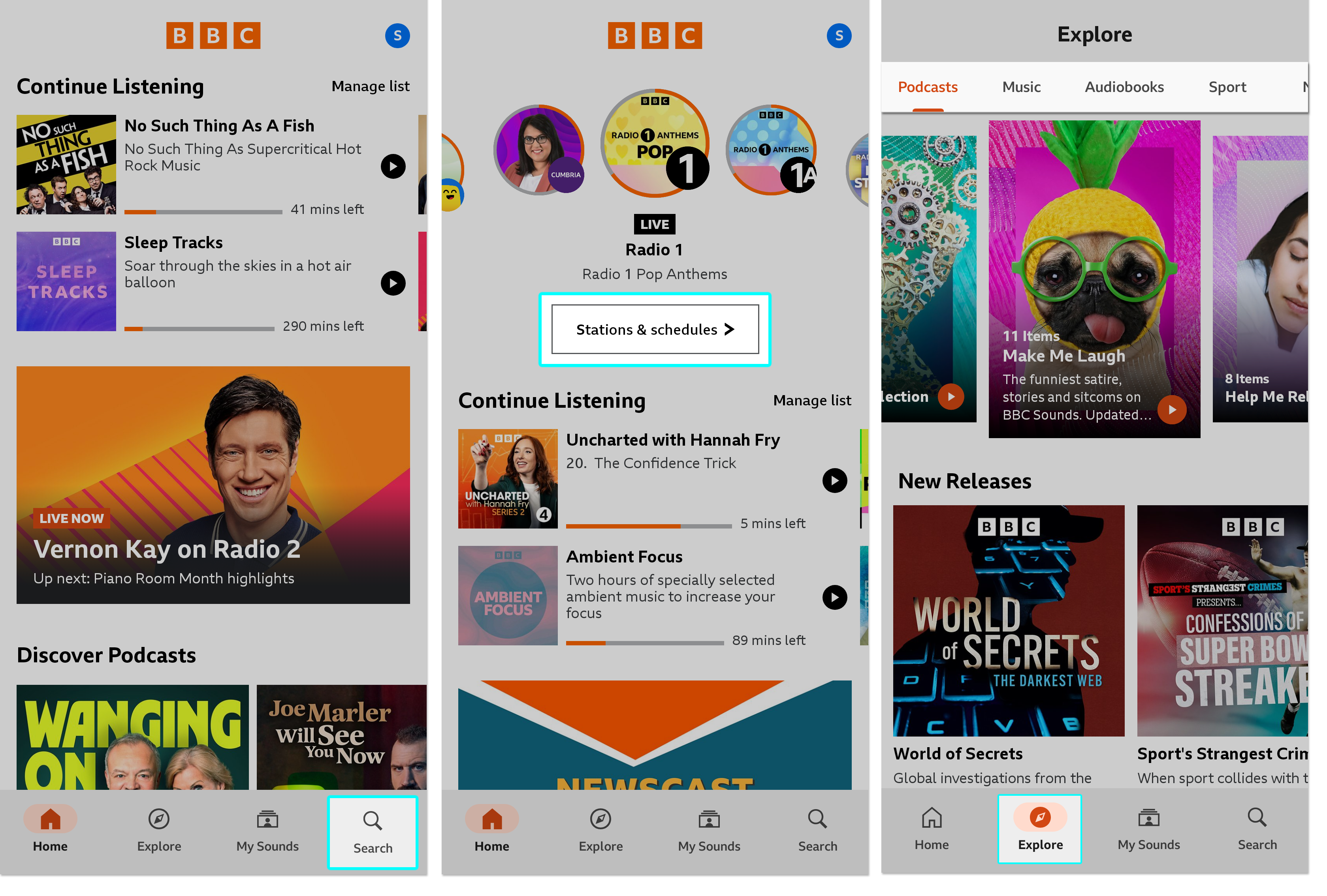 Three images from the BBC Sounds mobile app. The first is from the homepage with the Search highlighted on the bottom right. The second shows the homepage with the 'Stations and schedules' button highlighted in the centre. The third shows the 'Explore' menu with the categories highlighted at the top.