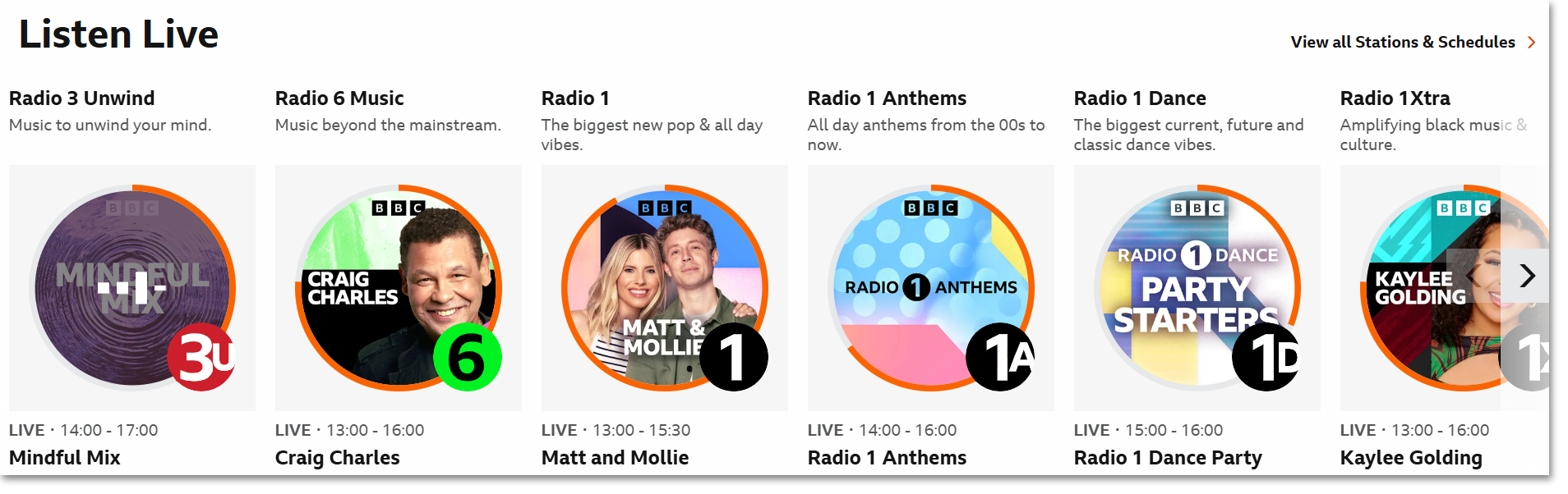Image showing the live station rail on the BBC Sounds homepage