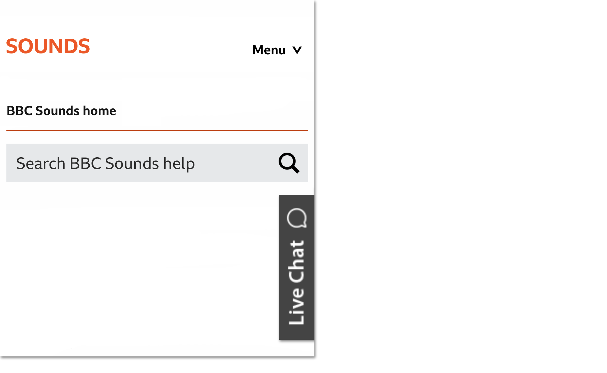 Screenshot of a very basic FAQ with the live chat icon highlighted on the right hand side