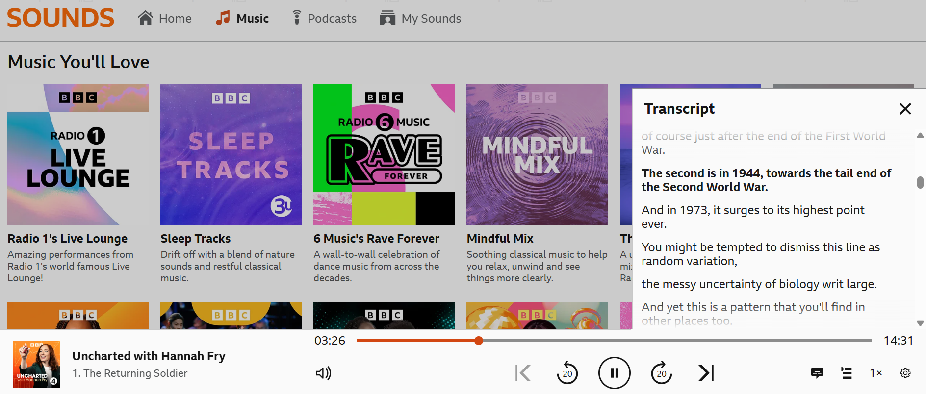 Image from the BBC Sounds playback screen. The playback bar is highlighted and the transcript menu is visible and highlighted